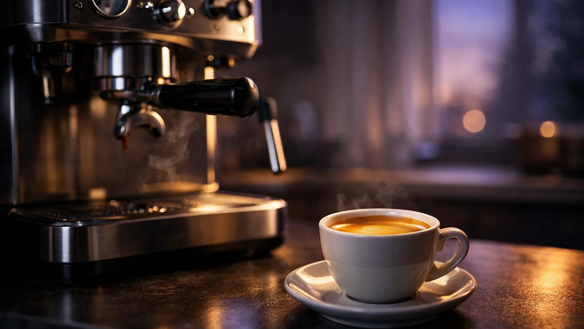 Home espresso setup with espresso machine, grinder, and a clean modern counter.