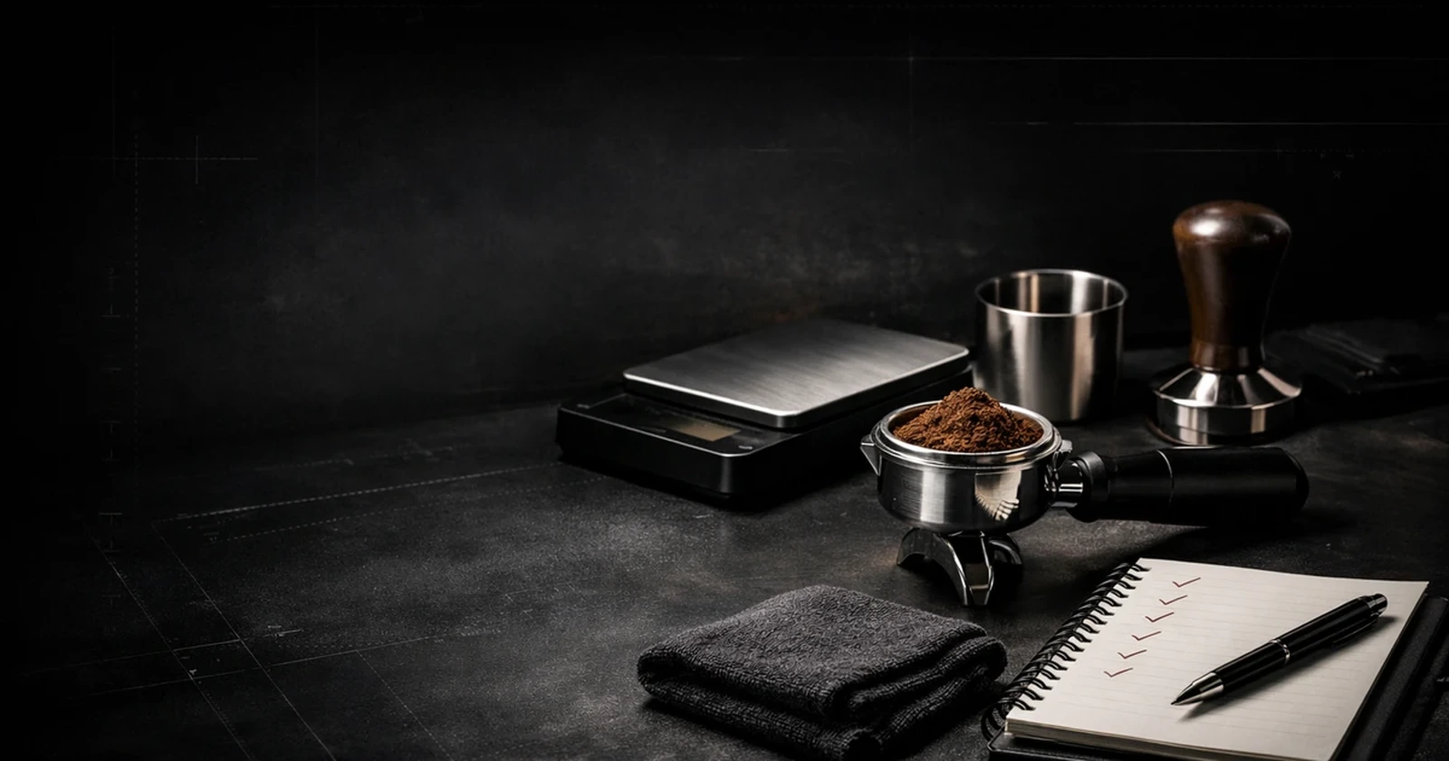 Home espresso station with accessories on a dark counter