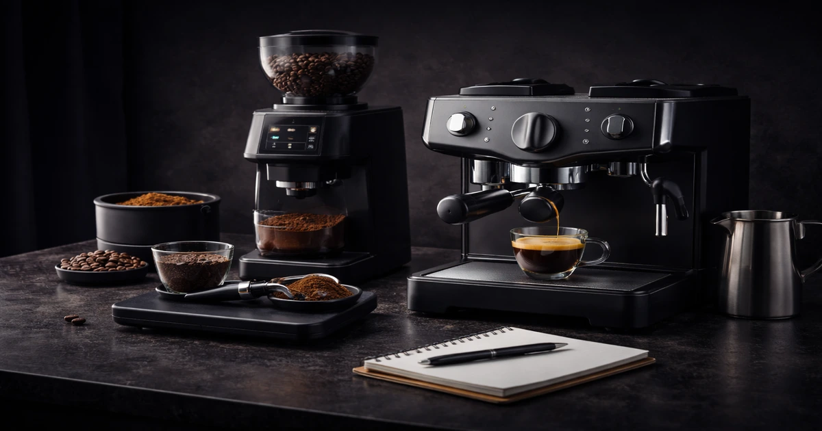 Setup de test espresso à la maison avec moulin, balance et machine espresso